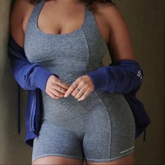 NEW Spiritual Gangster Flaunt Tech Jersey Bodysuit Spandex Romper Grey XL - Picture 1 of 10